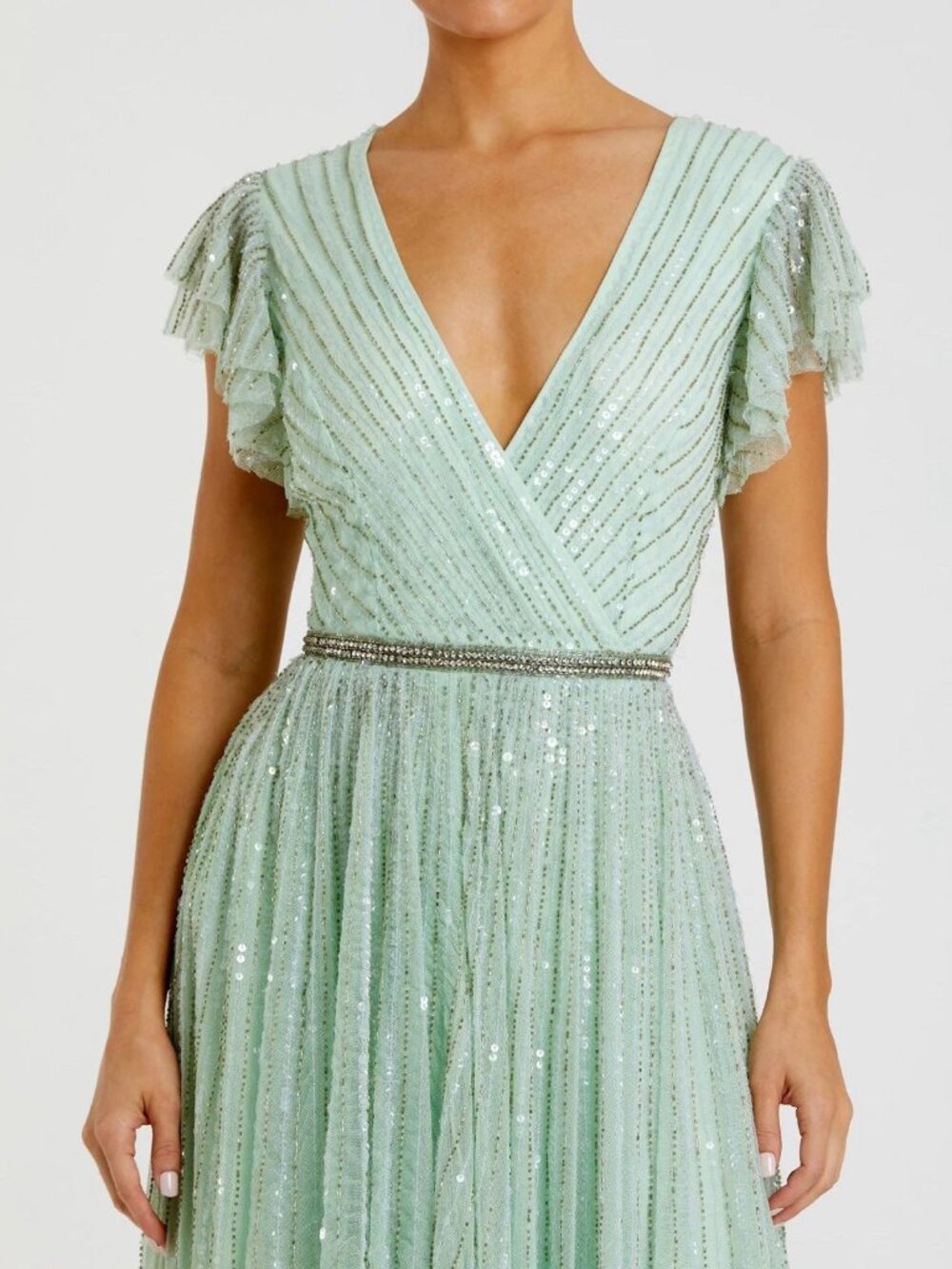 Mac Duggal Size 16 Green Sequin Beaded V-Neck Ruffle Cap Sleeve Maxi Ball Gown B - Picture 2 of 13